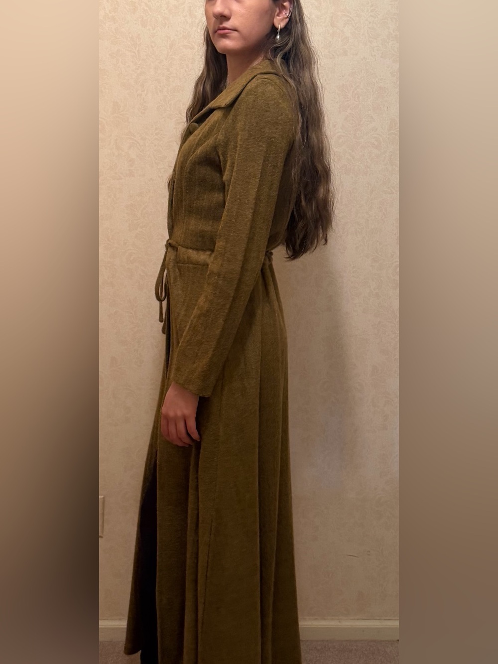 Vintage Style Olive Green Cashmere Blend Long Coat - Size S